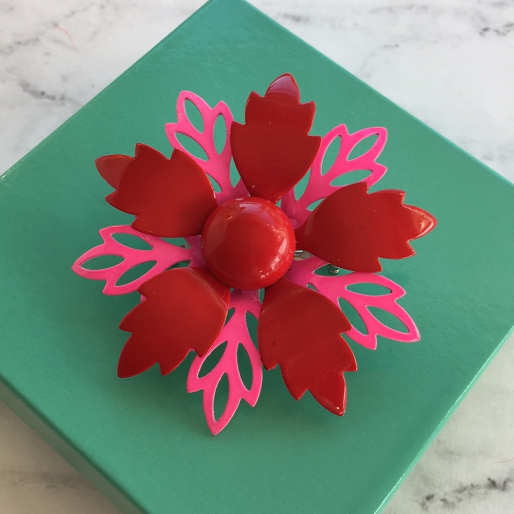 Vintage flower brooch pin Pink & Red & Fantastic - Picture 4 of 8